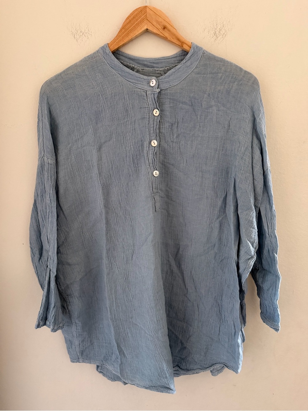 Made in Italy Crinkled Gauze Cotton Henley Tunic Blouse Slouchy Lagenlook Top M - Picture 1 of 5